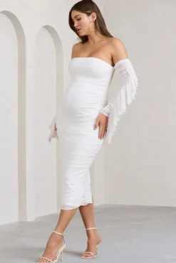 Aroma | White Ruched Mesh Maternity Midi Dress With Ruffled Sleeves