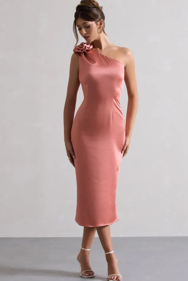 Ascot | Coral Satin One Shoulder Midi Dress With Corsage