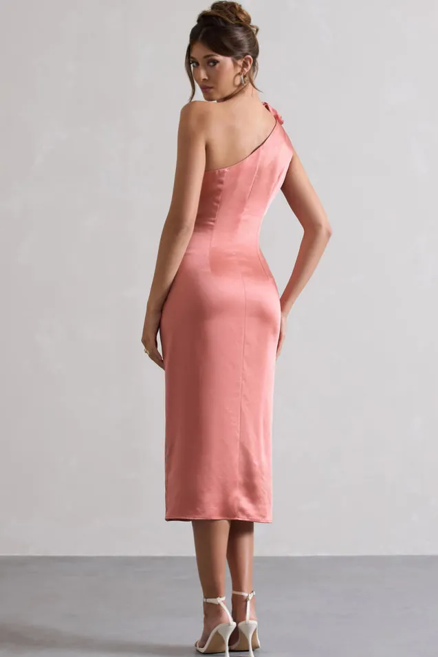 Ascot | Coral Satin One Shoulder Midi Dress With Corsage