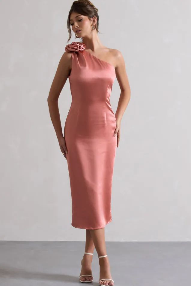 Ascot | Coral Satin One Shoulder Midi Dress With Corsage
