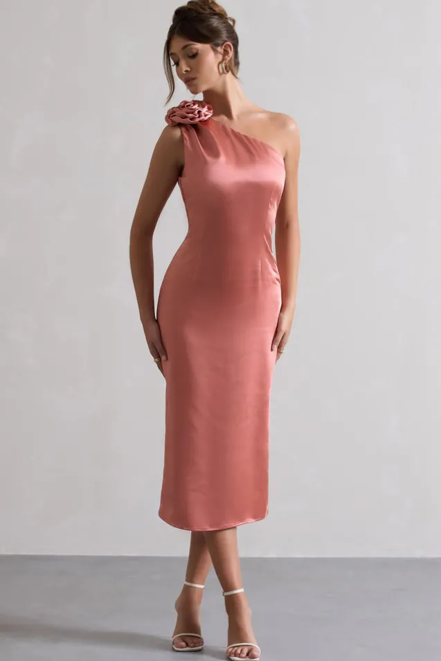 Ascot | Coral Satin One Shoulder Midi Dress With Corsage