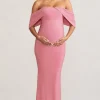 Asha | Blush Pink Draped Sleeve Bardot Maternity Maxi Dress