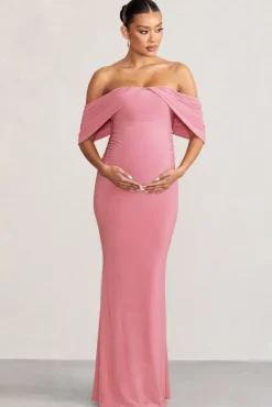 Asha | Blush Pink Draped Sleeve Bardot Maternity Maxi Dress