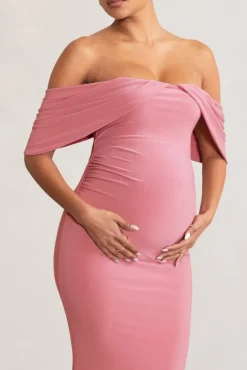 Asha | Blush Pink Draped Sleeve Bardot Maternity Maxi Dress