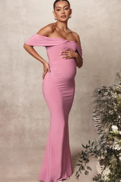 Asha | Blush Pink Draped Sleeve Bardot Maternity Maxi Dress