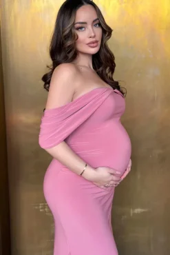 Asha | Blush Pink Draped Sleeve Bardot Maternity Maxi Dress