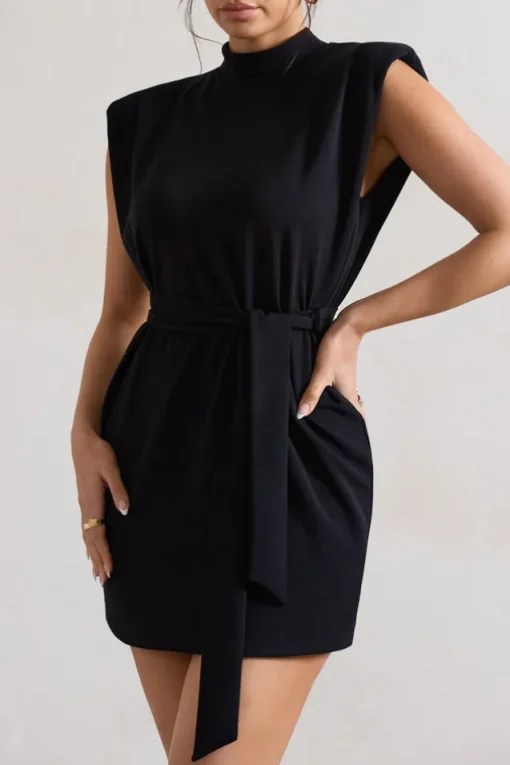Asher | Black High-Neck Mini Dress With Tie Waist