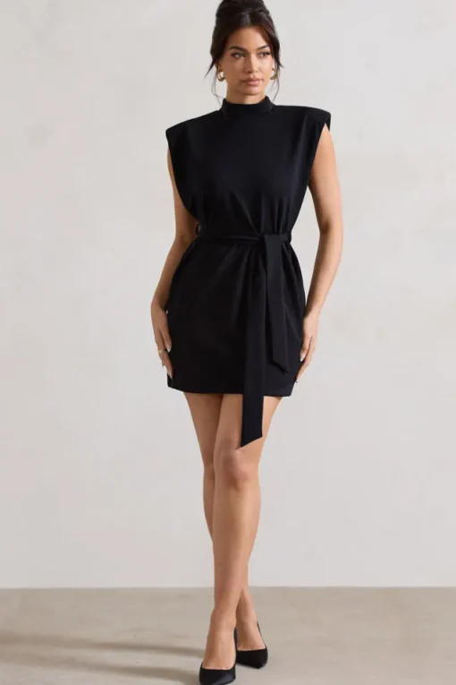 Asher | Black High-Neck Mini Dress With Tie Waist