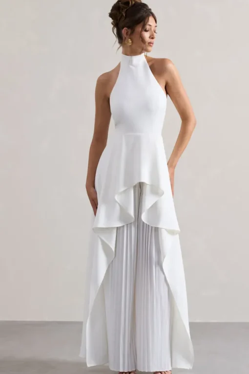 Ashwood | White Plisse High-Neck Cape Jumpsuit