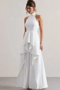 Ashwood | White Plisse High-Neck Cape Jumpsuit