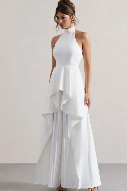 Ashwood | White Plisse High-Neck Cape Jumpsuit