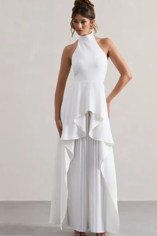 Ashwood | White Plisse High-Neck Cape Jumpsuit