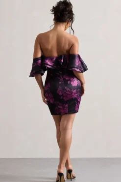 Aspen | Black Floral Print Bardot Mini Dress With Ruffles