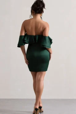 Aspen | Bottle Green Bardot Mini Dress With Ruffles