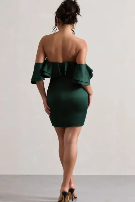 Aspen | Bottle Green Bardot Mini Dress With Ruffles