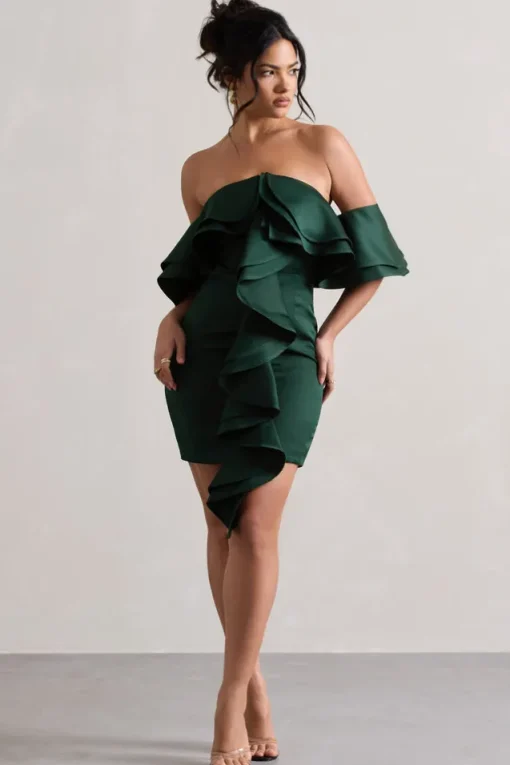 Aspen | Bottle Green Bardot Mini Dress With Ruffles