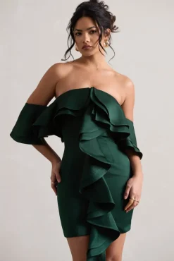 Aspen | Bottle Green Bardot Mini Dress With Ruffles