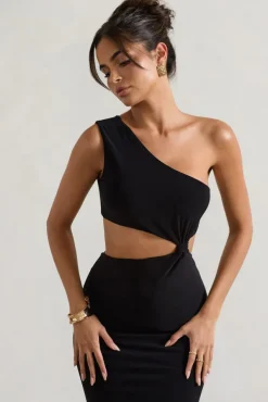 Aspyn | Black Asymmetric Twisted Cut-Out Fishtail Maxi Dress