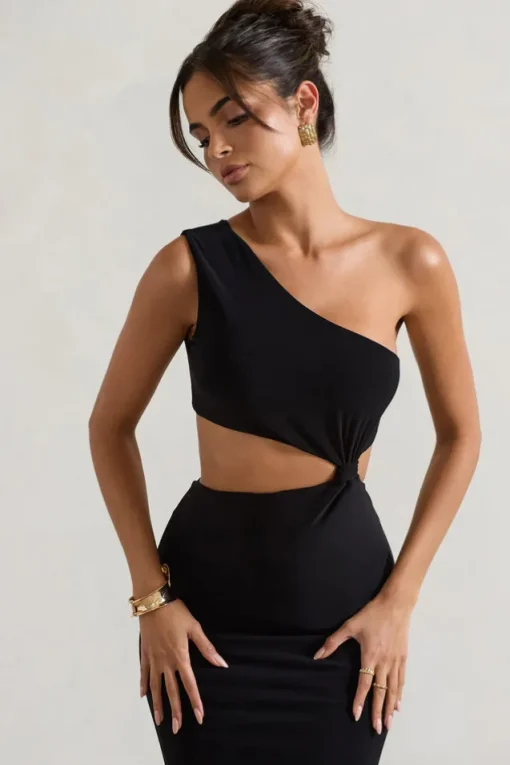 Aspyn | Black Asymmetric Twisted Cut-Out Fishtail Maxi Dress