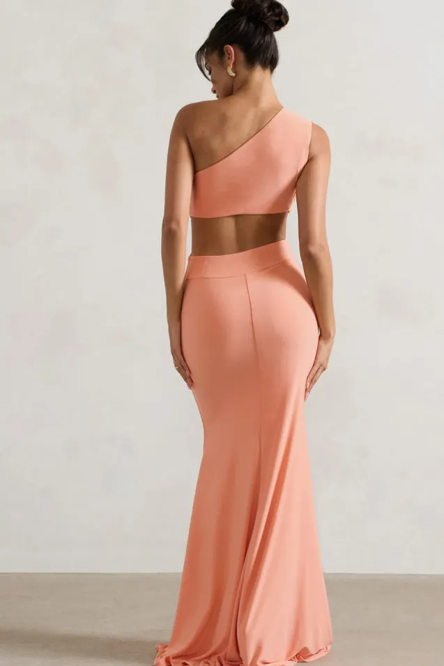 Aspyn | Coral Asymmetric Twisted Cut-Out Fishtail Maxi Dress