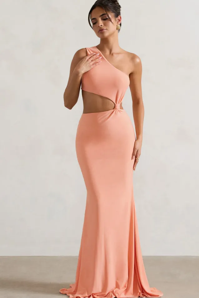 Aspyn | Coral Asymmetric Twisted Cut-Out Fishtail Maxi Dress
