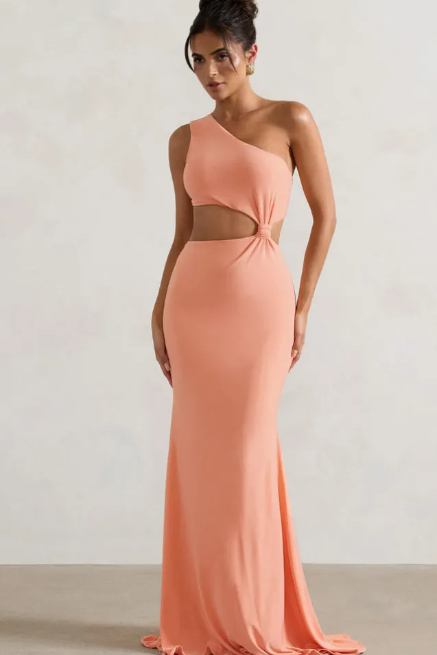 Aspyn | Coral Asymmetric Twisted Cut-Out Fishtail Maxi Dress