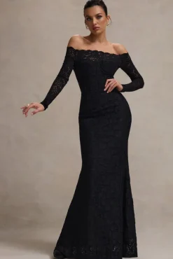 Astoria | Black Lace Bardot Maxi Dress With Chiffon Skirt