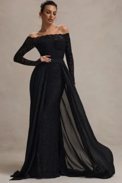 Astoria | Black Lace Bardot Maxi Dress With Chiffon Skirt