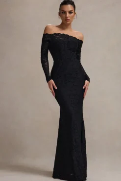 Astoria | Black Lace Bardot Maxi Dress With Chiffon Skirt
