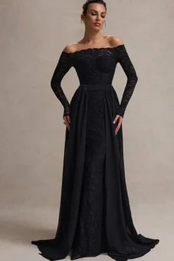 Astoria | Black Lace Bardot Maxi Dress With Chiffon Skirt