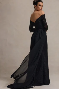 Astoria | Black Lace Bardot Maxi Dress With Chiffon Skirt