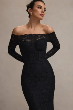 Astoria | Black Lace Bardot Maxi Dress With Chiffon Skirt