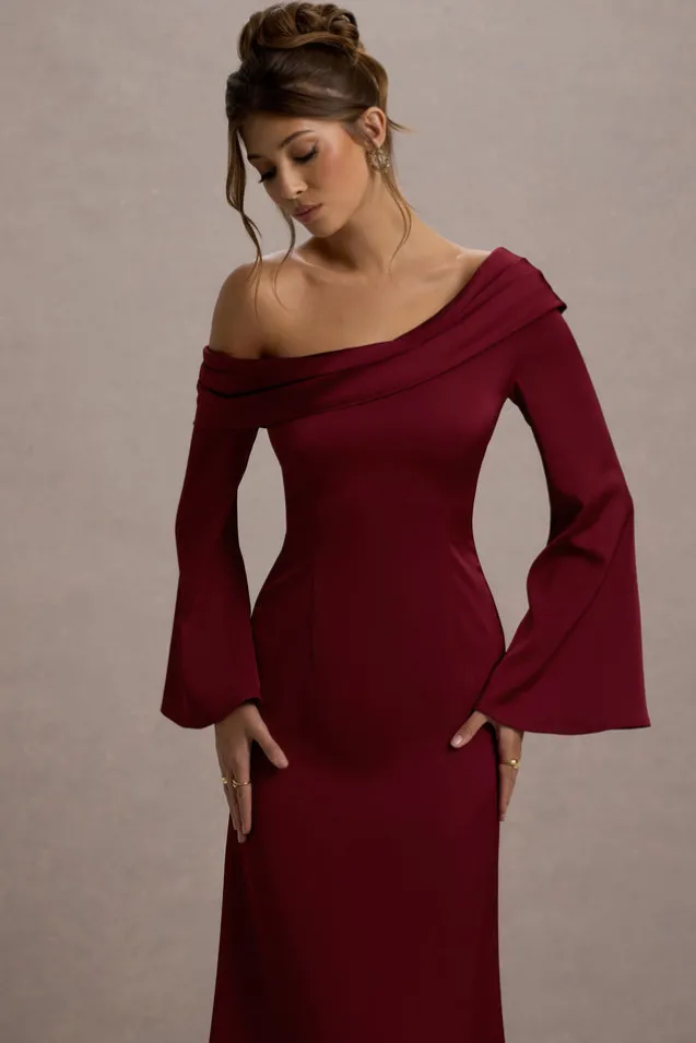 Astral | Port Satin Asymmetric Flared-Sleeve Midi Dress