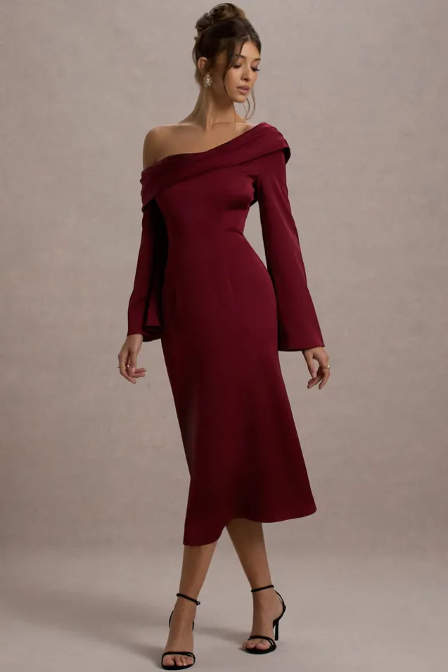 Astral | Port Satin Asymmetric Flared-Sleeve Midi Dress
