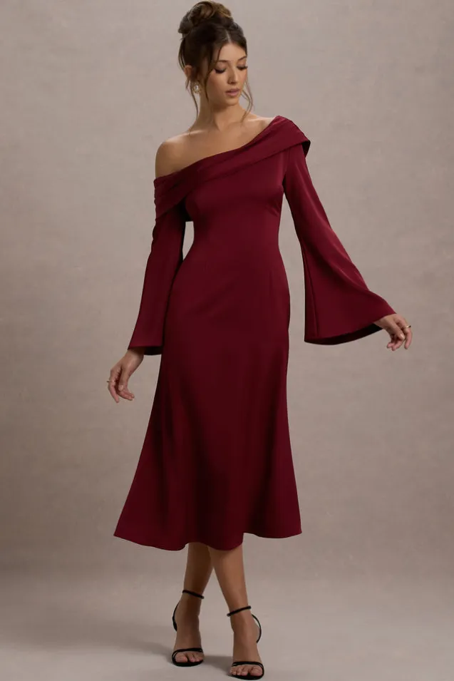 Astral | Port Satin Asymmetric Flared-Sleeve Midi Dress