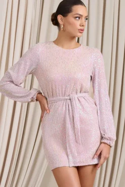 Astrological | Nude Mix Sequin Long Sleeve Mini Dress With Belt Detail
