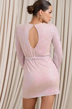 Astrological | Nude Mix Sequin Long Sleeve Mini Dress With Belt Detail