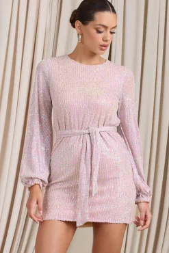 Astrological | Nude Mix Sequin Long Sleeve Mini Dress With Belt Detail