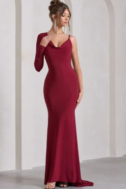 At Dusk | Berry Red One-Sleeved Cowl-Neck Fishtail Maxi Dress