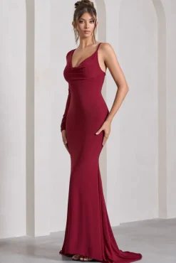 At Dusk | Berry Red One-Sleeved Cowl-Neck Fishtail Maxi Dress
