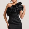 At The Opera | Black Satin One Shoulder Ruffled Mini Dress