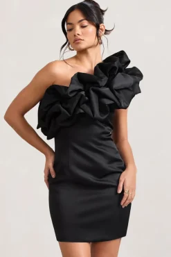 At The Opera | Black Satin One Shoulder Ruffled Mini Dress