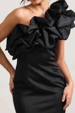 At The Opera | Black Satin One Shoulder Ruffled Mini Dress