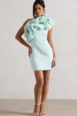 At The Opera | Mint Satin One Shoulder Ruffled Mini Dress