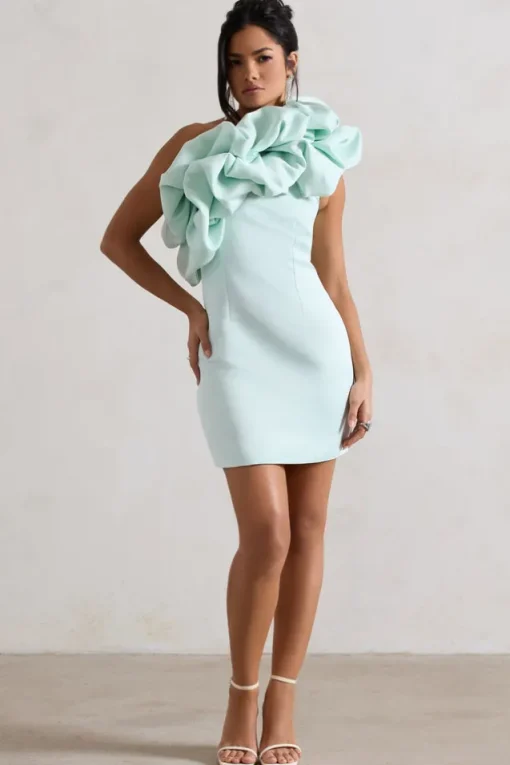 At The Opera | Mint Satin One Shoulder Ruffled Mini Dress