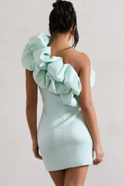 At The Opera | Mint Satin One Shoulder Ruffled Mini Dress