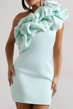 At The Opera | Mint Satin One Shoulder Ruffled Mini Dress