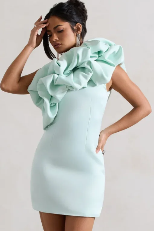 At The Opera | Mint Satin One Shoulder Ruffled Mini Dress