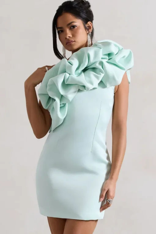 At The Opera | Mint Satin One Shoulder Ruffled Mini Dress