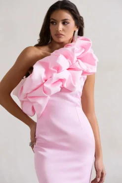 At The Opera | Pink Satin One Shoulder Ruffled Mini Dress